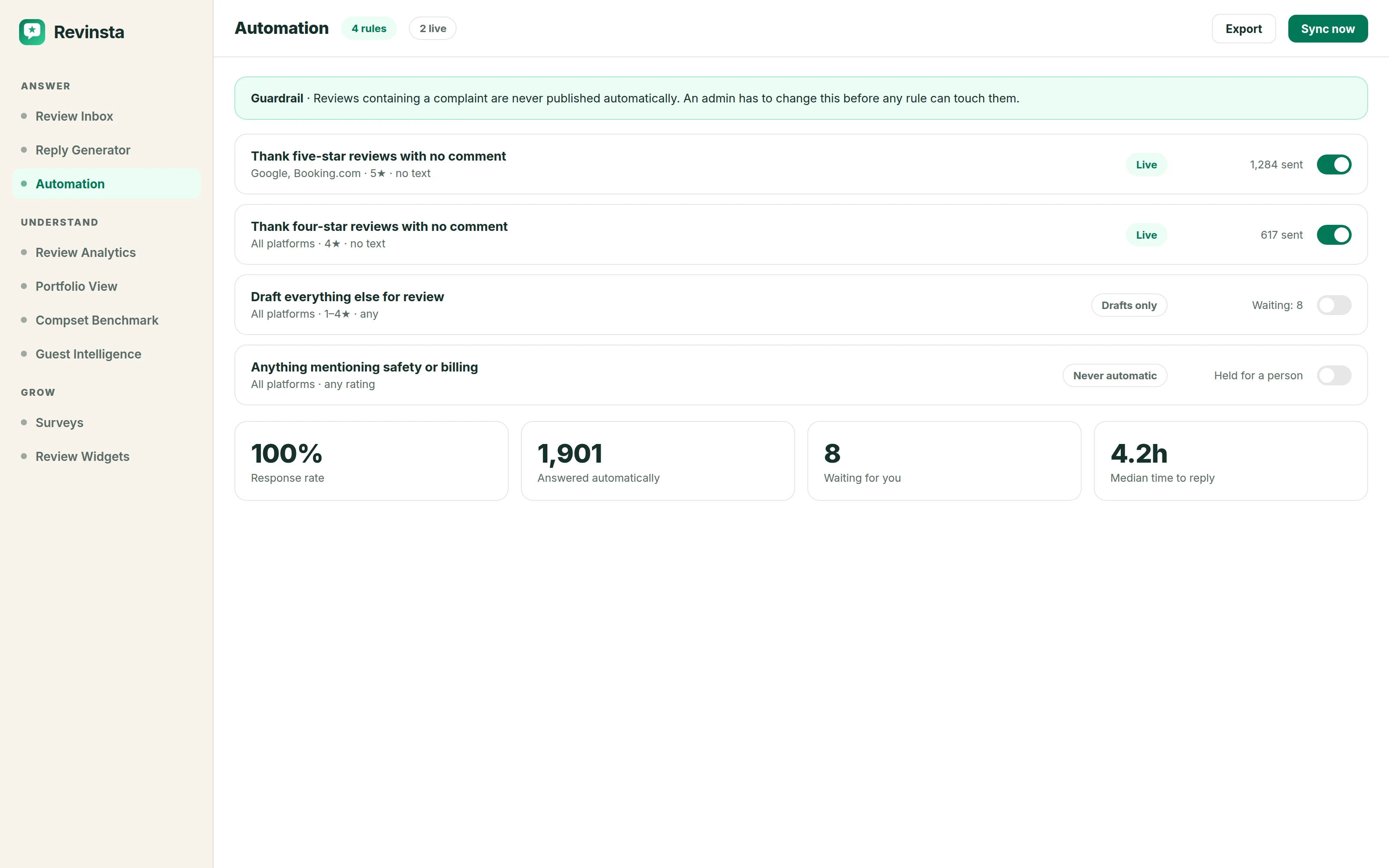 Revinsta automation rules: which reviews are answered automatically and which wait for a person.