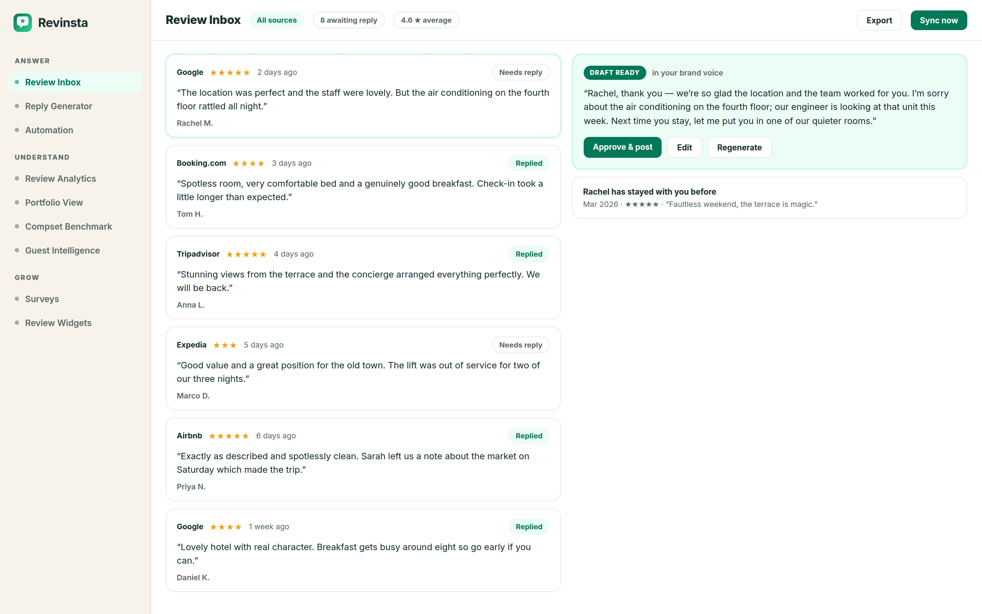 The Revinsta review inbox: reviews from Google, Booking.com, Tripadvisor and Expedia in one list, with a reply already drafted.